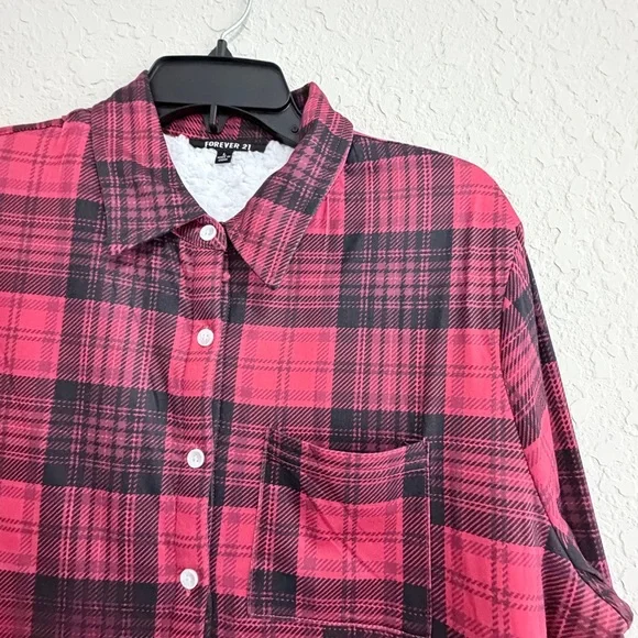 Forever 21 Womens Red Plaid Fleece Lined Button Down Long Sleeve Shirt Large NWT - Picture 4 of 15
